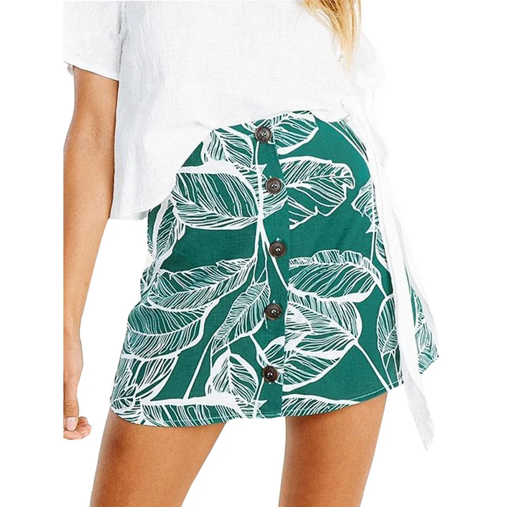 Tropical leaf print women skirt style Button high waist mini skirt Chic
