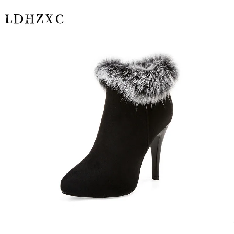 

LDHZXC Pointed Toe PU Leather Women Shoes Zipper High Heel Ankle Boots Women Motorcycle Boot Size 34-43