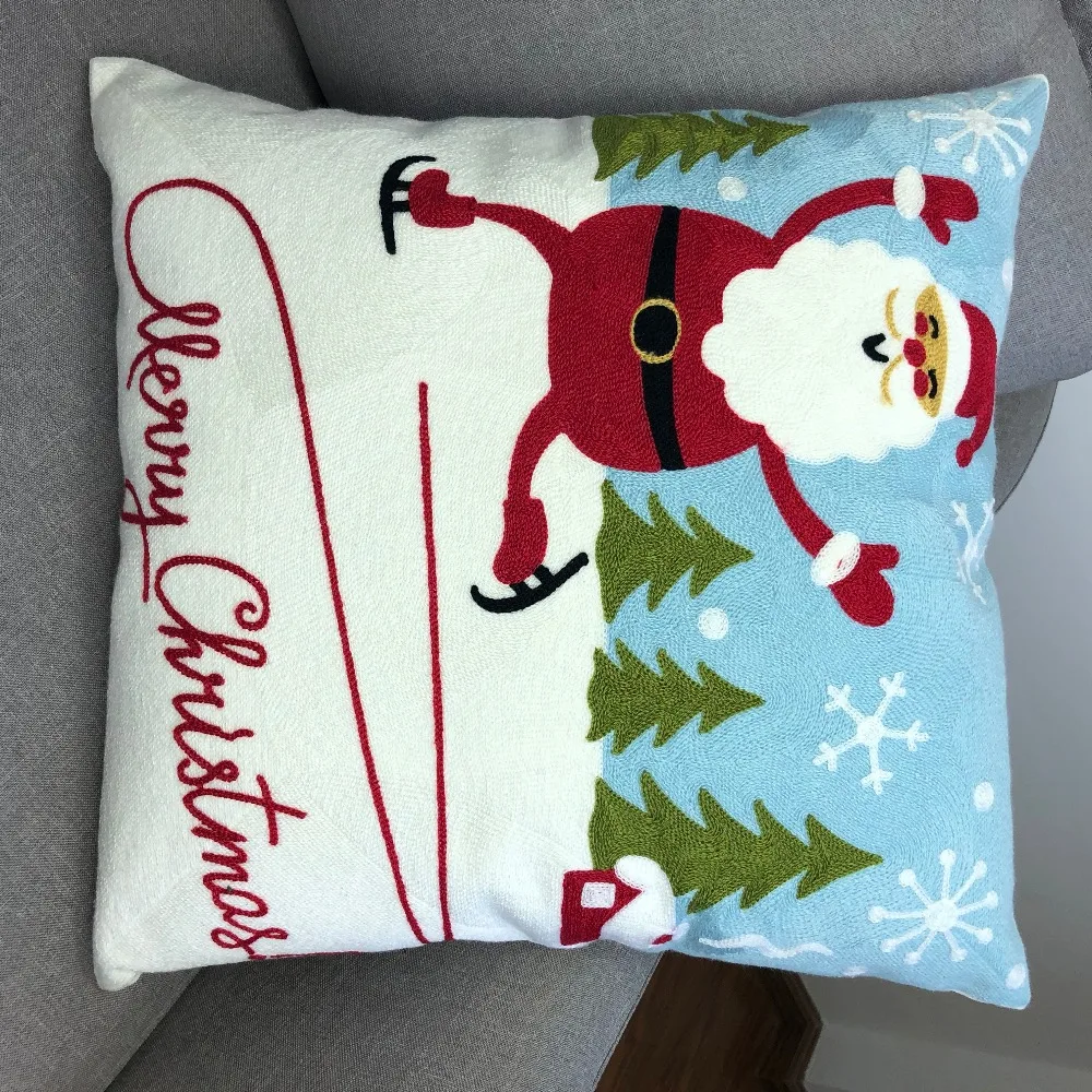 Decor Embroidered Cushion Cover Christmas Tree Santa Snow Flower Pillow Case Cotton Square ...
