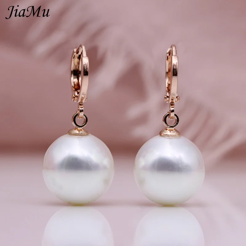 

JiaMu women wedding jewelry fashion fine round pearl 585 rose gold drop earing classic gift