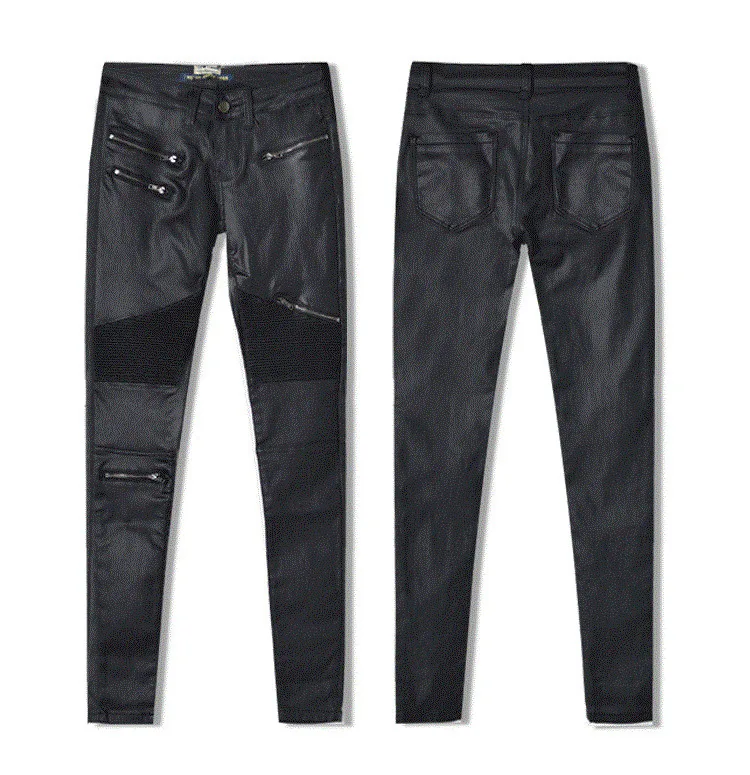 W-Yunna Новая мода Имитация денима тонкие леггинсы для женщин черные мотоциклетные повседневные штаны складки молнии pu кожаные брюки