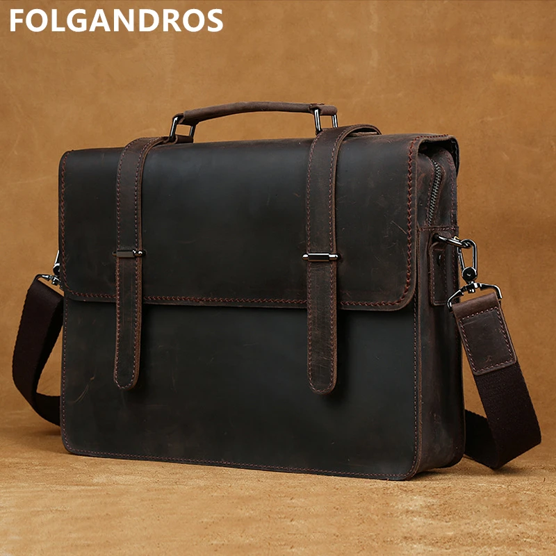 

FOLGANDROS Genuine Leather 14" Laptop Briefcases Men's Messenger Shoulder Computer Notebook Bag Vintage Cowhide Document Handbag