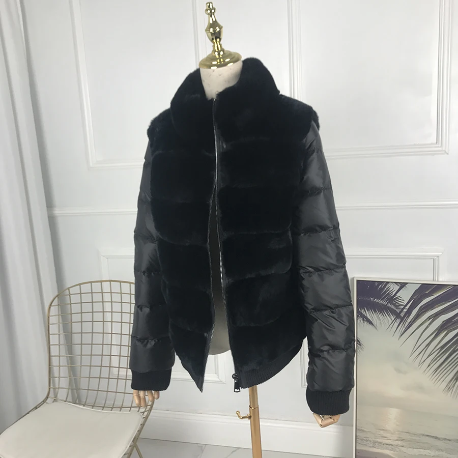 

women rex rabbit fur coat short with standing collar with down sleeves Thick Warm Winter real fur jacket Casual sports style