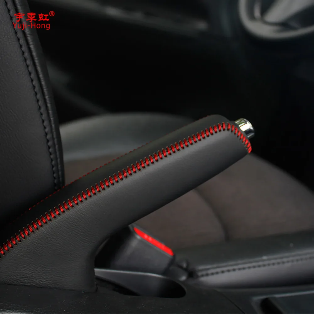 Car Handbrake Covers For Nissan TIIDA 2011~ Auto Handbrake Cover Genuine Leather Grips Black/Red thread hand brake cover