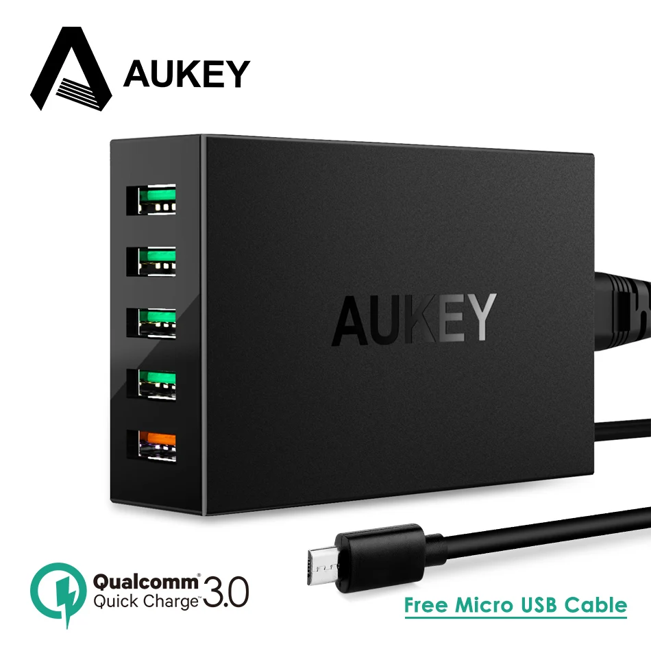 Quick Charge 3.0 USB Charger, AUKEY 55.5W 5 Ports Desktop Charger USB Mobile Phone Fast Charger