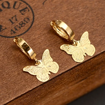 

skytalenbao Brand 14 k Solid Fine Yellow gold GF Luxury Butterfly Charm Earring Fashion Gold Women Girl Jewelry Gift pretty