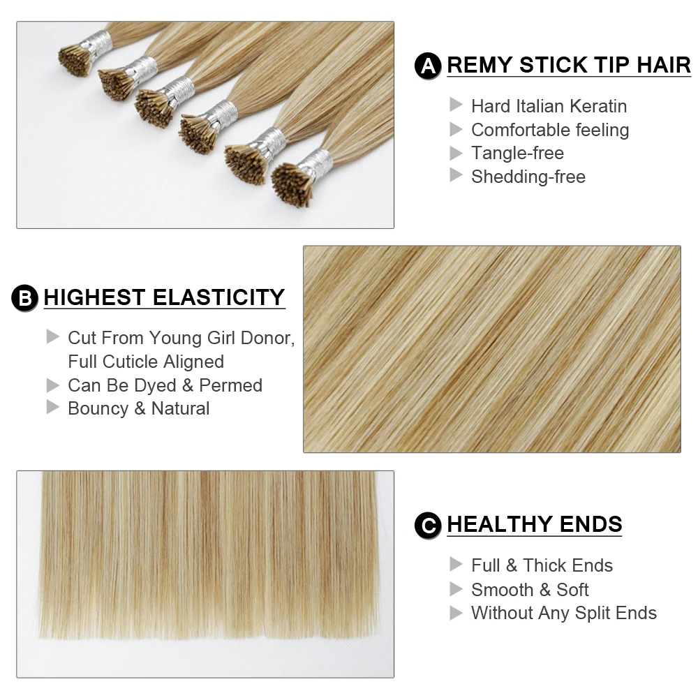 Stick I Tip extensiones de cabello humano caliente de fusión de la cutícula completa pelo europeo Piano Color P8/16/60 de hadas pelo Remy 0,8 g/s 16 \