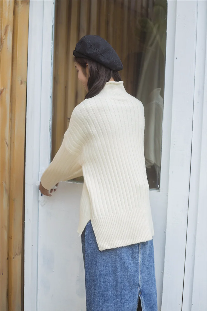 Женская осенне зимняя обувь белый свитеры для женщин корейская мода Drop Shoulder водолазка разделение подол Тонкий пуловеры жен