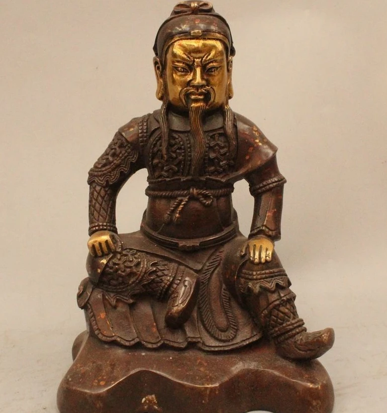 

9" Chinese Folk Bronze Seat General Guan Gong Yu Warrior God Statue Sculpture