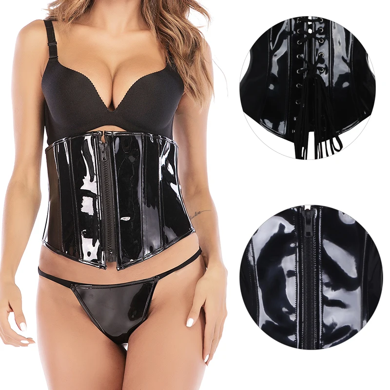 

Female Black Glossy PVC Corset Underbust Corsets Lace Up Ribbon Bust Cincher Waist Shapewear Fat Burner Body Slimming Hot Corset