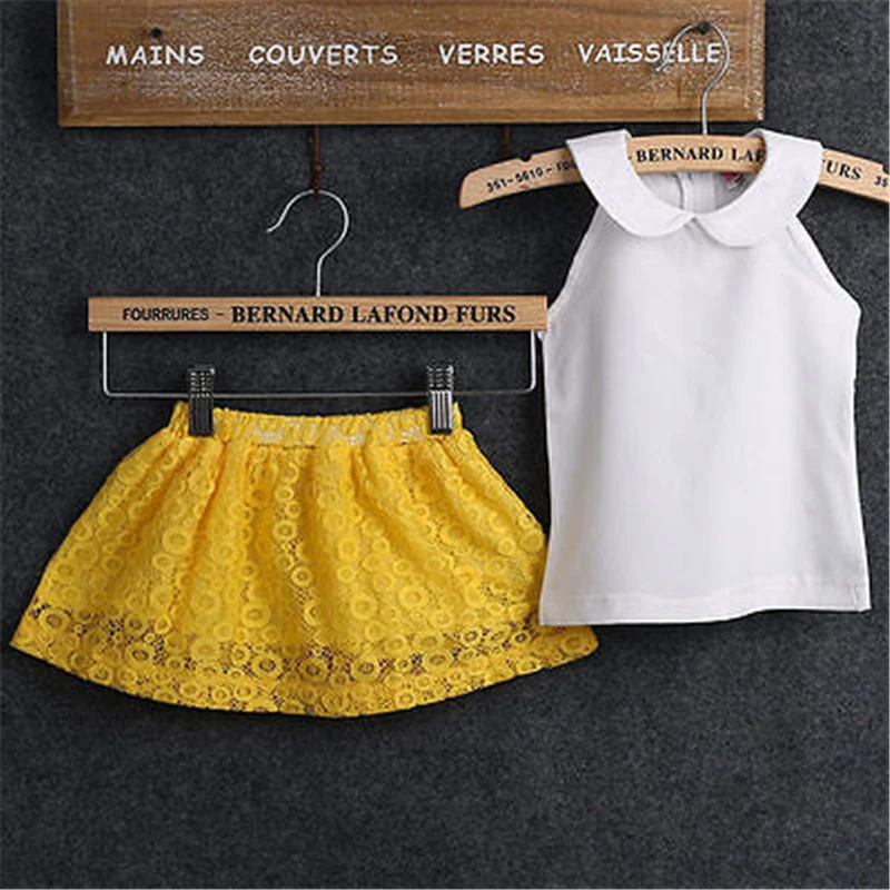 

Summer Toddler Baby Girl White Sleeveless Tops Yellow Lace Flowers Dress 2PCS 2017 New Outfit Clothes Set Kid Vestidos For Girls
