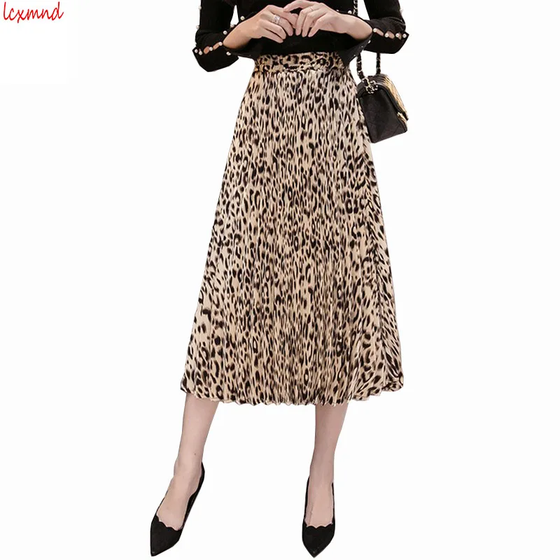 2018 Autumn and Winter New Women's Skirt Sexy Elastic Waist Leopard Pleated All Match Faldas Mujer Moda Plus Size Saia | Женская