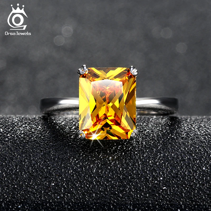 ORSA JEWELS 2019 New Arrival 4 ct Princess Cut Yellow Zircon Vintage CZ Ring Hot Selling Silver Color Rings for Ladies OR59