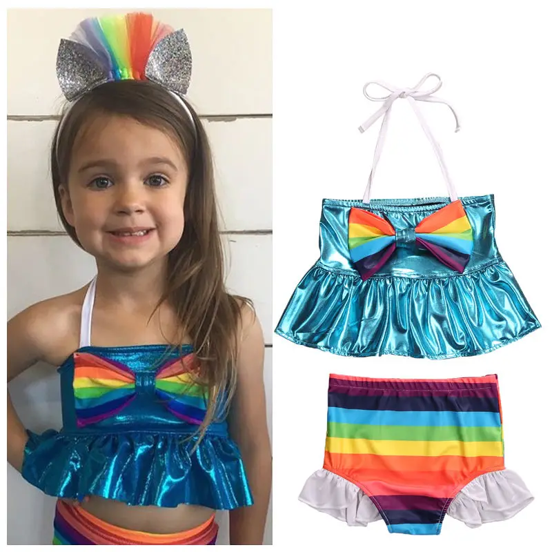 Baby Girls Bikini Sets Rainbow Color Girls Lovely Ruffles Bathing Suit Swimwear Swimsuit Off