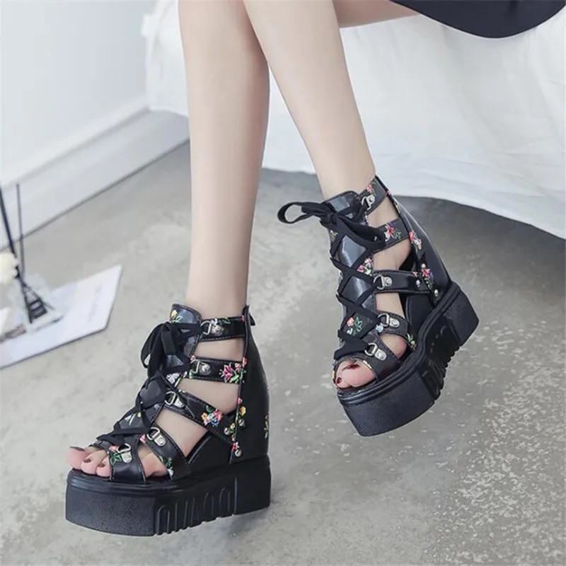 

Printed cross strap Women's sandals summer new Roman shoes platform thick hollow wedge women's sandals Female high heels