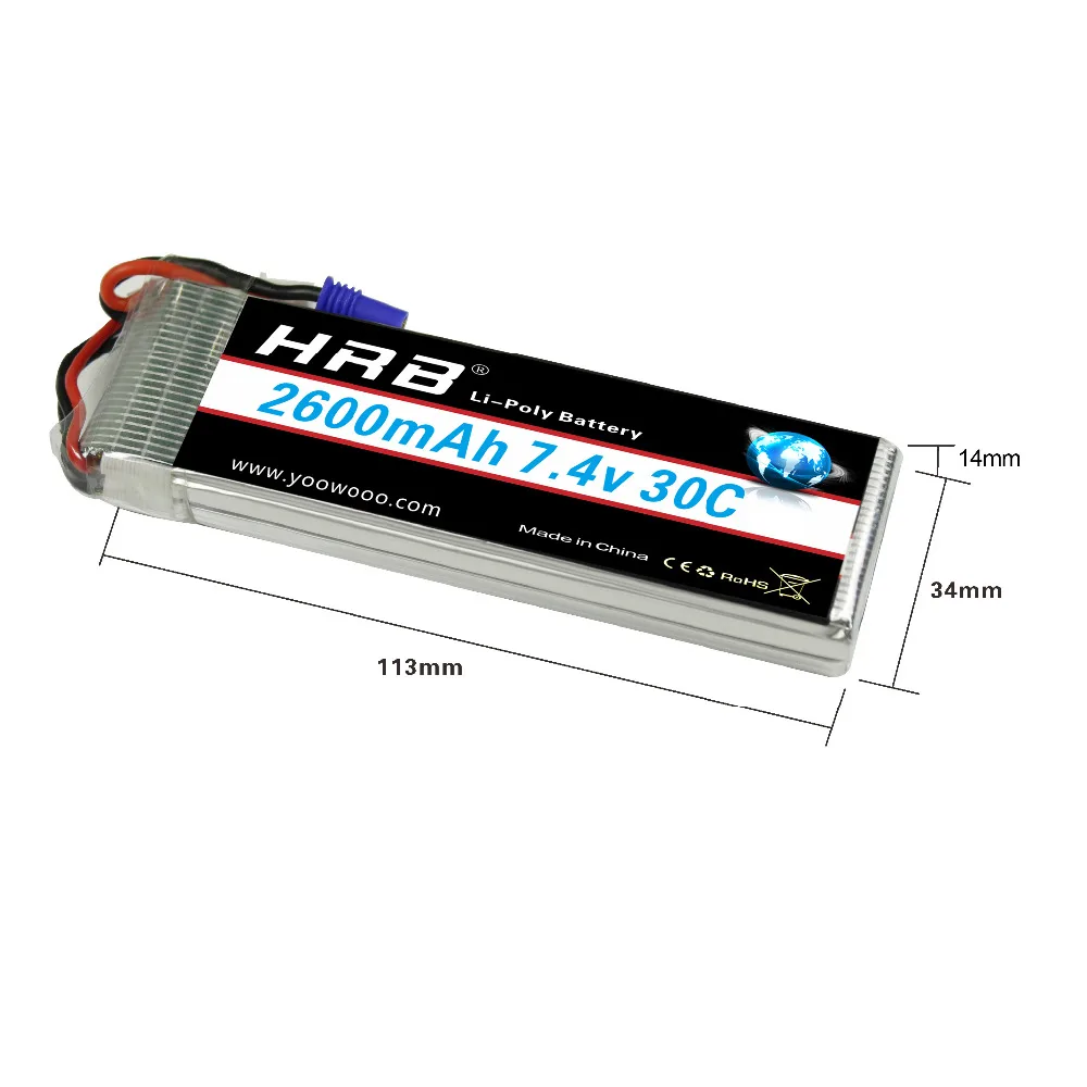 2 шт HRB Lipo 2s 7,4 V Hubsan H501S 4-xis аккумулятор 2600mah 30C Max 60C EC2 Аккумулятор для дрона квадрокоптера вертолета самолета