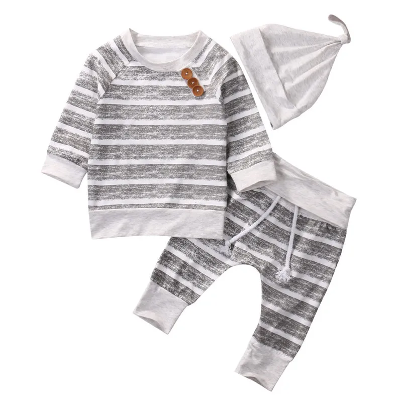 

3Pcs Newborn Baby Long Sleeve Top T shirt+Pants+Hat Striped Outfits Hat Casual Clothes Set