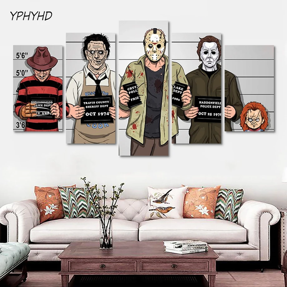 

YPHYHD Canvas HD Prints Wall Art Pictures 5 Pieces Comics Gracioso Freddy Krueger Painting Horror Movie Poster Living Room Decor