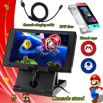 

5 Nintend Switch Accessories Adjustable Console Stand Holder Nintendoswitch TPU Protective Case Fast Charging Cable Thumb Caps