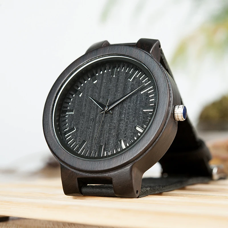 BOBO BIRD Wood Mens Watch High Quality watch Men quality Ebony Wood Quartz Wristwatch Leather in Gift Box Timepieces