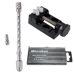 DIY Вырезка Tool Kit Micro точность Булавки Клещи ручная дрель + мини орех Клещи зажим настольные тиски + 20 штук микро-Твист Бурильные долото