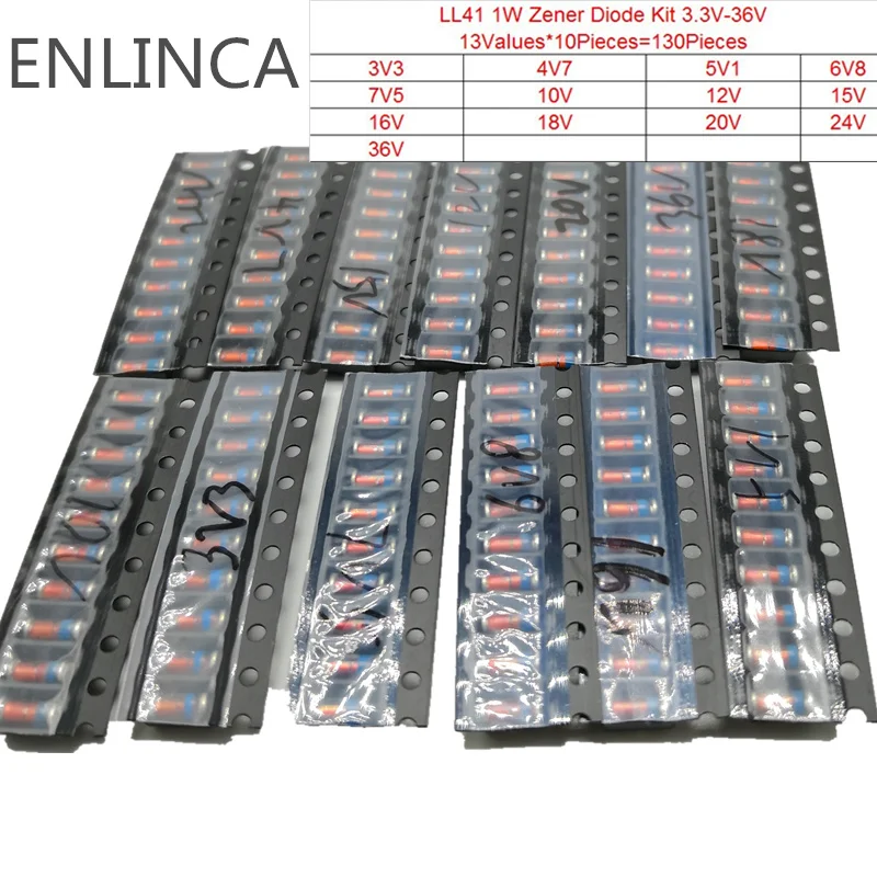 

130pcs LL41 SMD Zener diode KIT 1W 3V3-36V 13 Values *10pcs= 130pcs ZM4728A ZM4732A ZM4733A ZM4737A ZM4740A ZM4742A