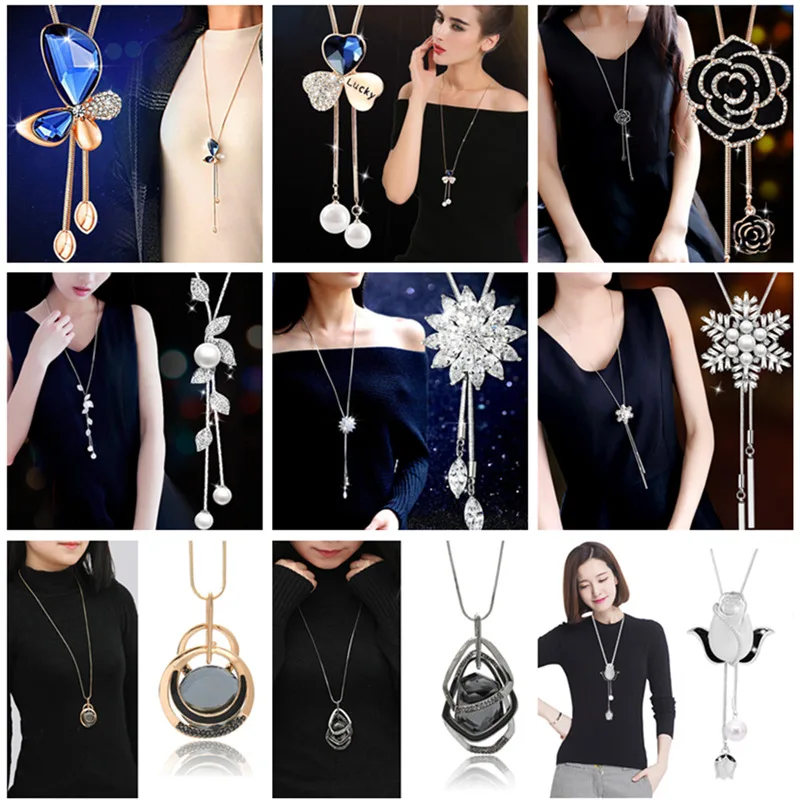 

Luxury Rhinestone Necklaces & Pendants Fashion Long Statement Heart Charms Pearl Pendant Sweater Necklace Women Jewellery Bijoux