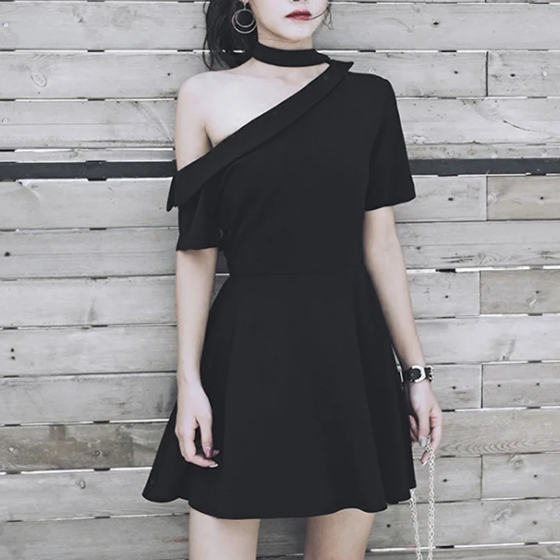 

Solid Black One Shoulder Halter Dress Gothic Style Summer Women Female Short Sleeveless Mini Dresses