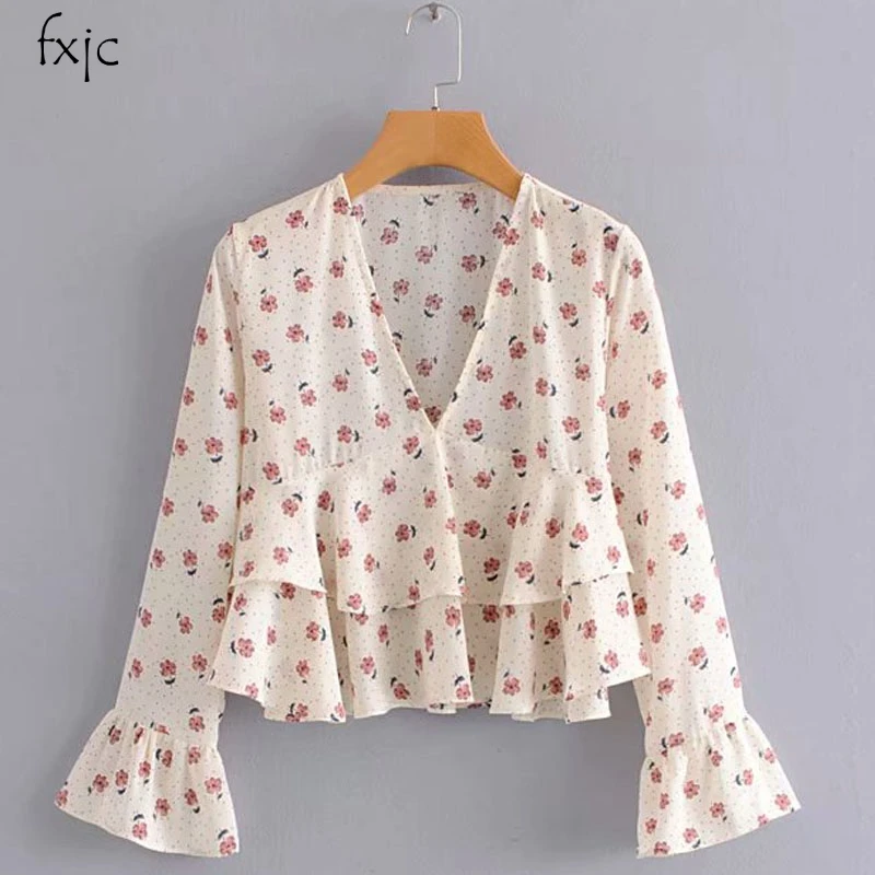 

Women's new flower print lotus leaf long-sleeved fresh shirt V-neck sexy T-shirt black and white 2 color 2019 women's T-shirt