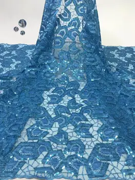 

5yards/pc) high quality African French net lace fabric in teal green with shining sequins embroidery for party dress