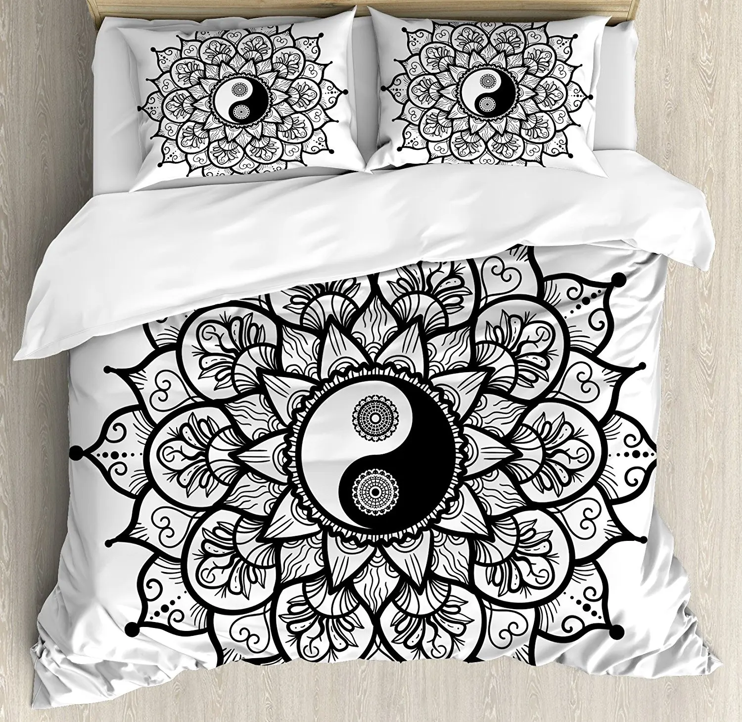 Ying Yang Duvet Cover Set Retro Floral Yin Yang Design With