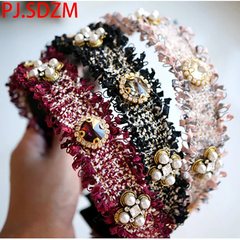 

Original Korean Retro Headband Gemstone Rhinestone Woolen Tweed With Teeth Hair Accessories for Women Hairbands Lady Headwear