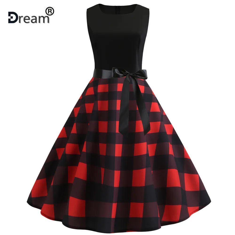 

Robe Femme Summer Women Hepburn Rockabilly Vintage Dress Red Plaid Print Big Swing Midi Party Casual Plus Size Beach Dresses