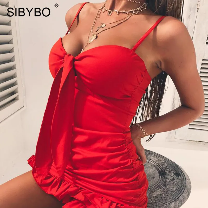 

Sibybo Ruffles Knot Spaghetti Strap Sexy Dress Women Backless V-Neck Mini Summer Bodycon Dress Fold Short Beach Casual Dress