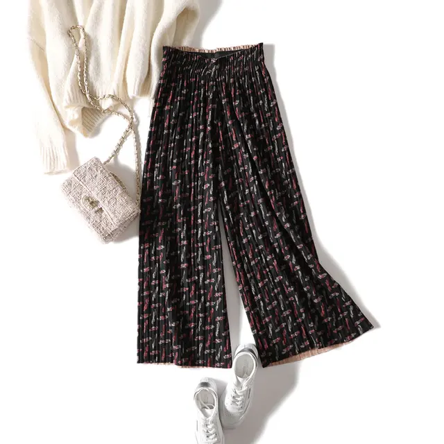 2020 New Autumn Winter Woolen Wide Leg Pant Drape Harem Pant Women Elastic Waist Pleated Trousers Pleated Pant Thick Flared Pant Style 2