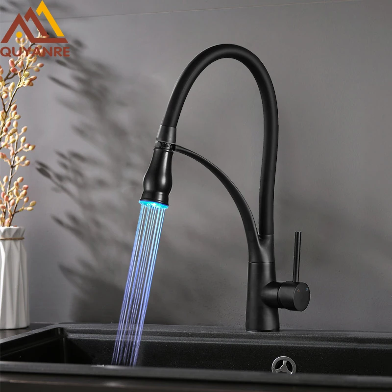 

Quyanre Black Chrome LED Kitchen Faucet Pull Out LED Spray Kitchen Sink Faucet 360 Rotation Single Handle Pull Down Mixer Tap