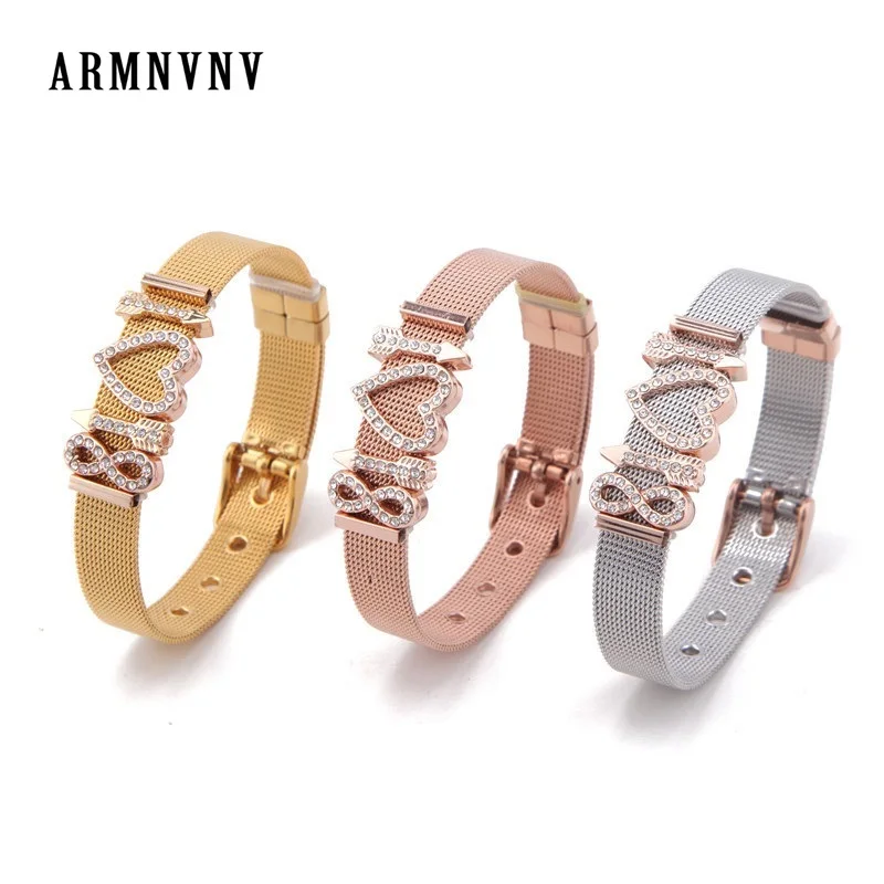 ARMNVNV Rhinestones Arrow Heart Number Eight Keepering DIY Personalized Stainless Steel Mesh Slide Charms Keeper Bracelet | Украшения и
