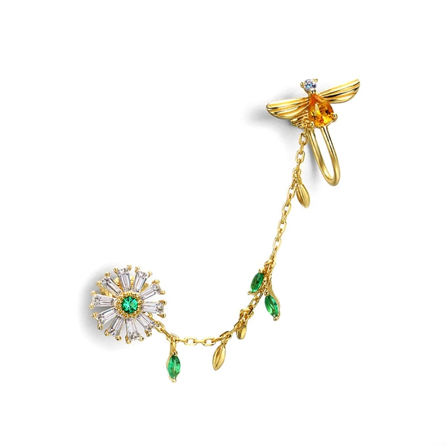 

Bee Ear Cuff 14K Gold Cartilage Earrings Helix Daisy Earrings Emerald CZ Beaded Flower with Chain Threader Earrings for Women