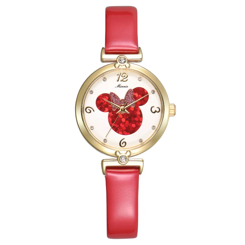 Женские часы Микки Маус голова Роскошные Розовое Золото Алмаз натуральная кожа женские часы 30 м водонепроницаемые кварцевые женские наручные часы - Цвет: Красный