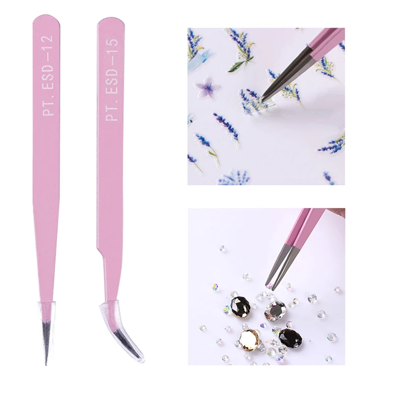 

1 PC Black Pink Nail Tweezer Stainless Steel Straight Curved Tweezer Nail Rhinestone 3D Sticker Picker Up Rhinestone Nail Tool