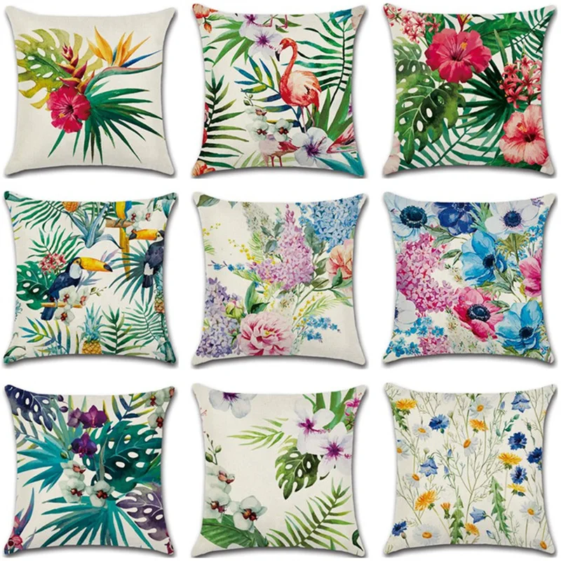 

Cross-border special for new flax tropical flower plant Flamingo Hibiscus pillowcase cushion cover Amazon