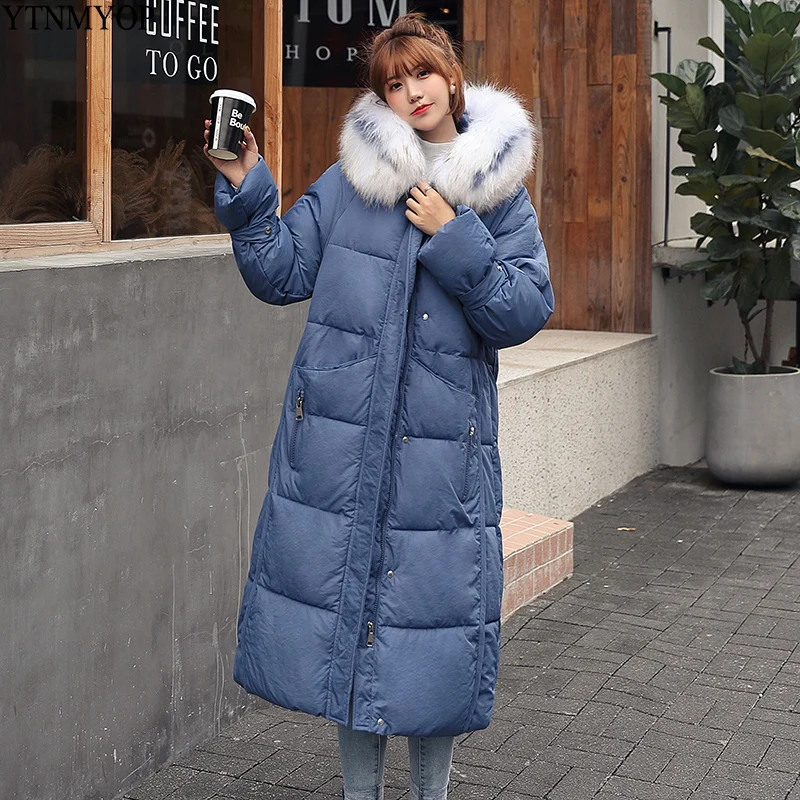 

YTNMYOP 2019 New Casual X-Long Winter Coat Women Large Fur Collar Winter Parkas Female Loose Cotton Padded Jacket Coat Blue