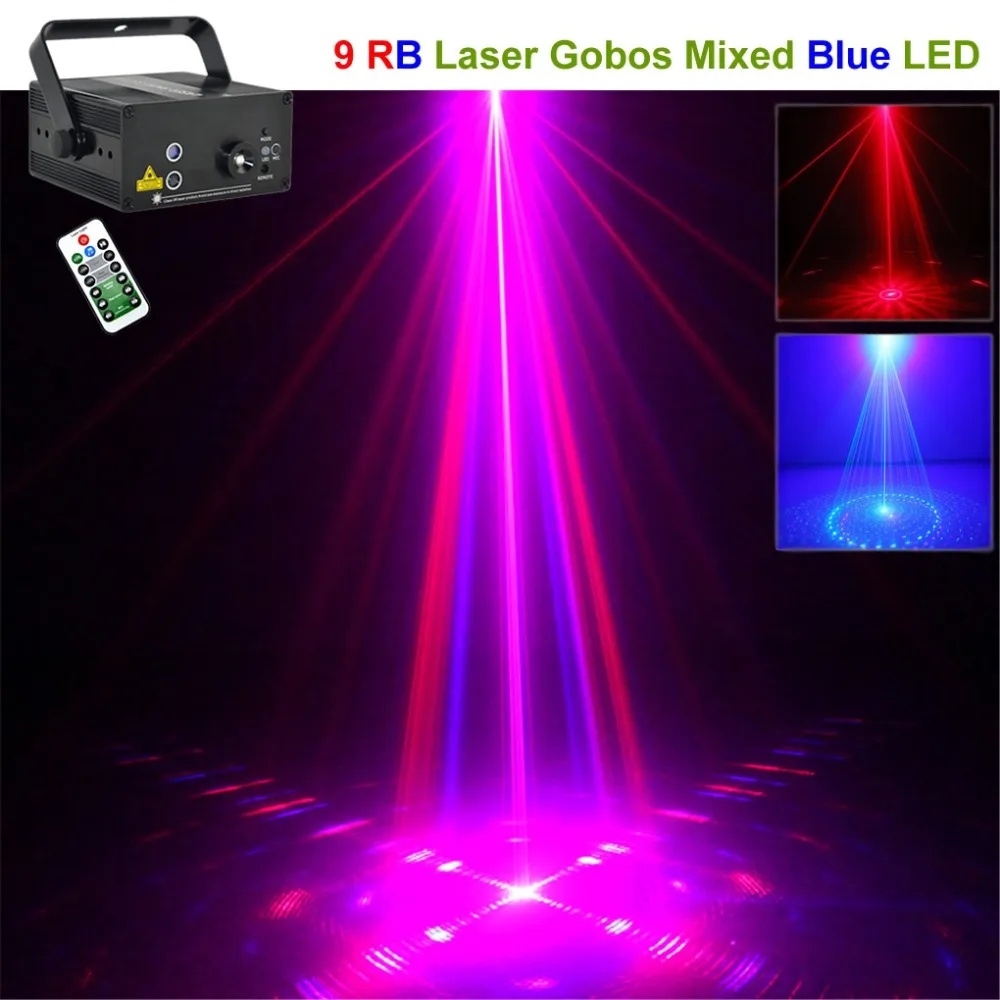 

Mini RB Red Blue 9 Patterns Laser Projector Lights 3W Blue LED Mixing Effect DJ Party KTV Wedding Home Show Stage Lighting 09RB