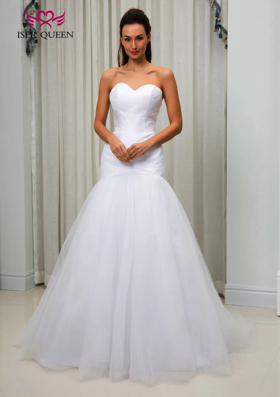 

Europe Simple Tulle Mermaid Wedding Dresses 2019 New Ruched Pleat Off Shoulder Sweetheart Lace Up plus Size Wedding Gown W0160