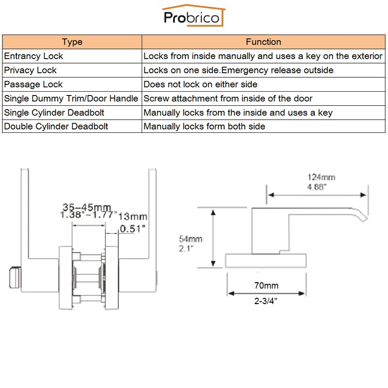 Probrico дверные ручки для дверной замок для межкомнатной двери, Heavy duty спереди и длинное сзади рычаг защелки Нержавеющая сталь конфиденциальности/проход дверные замки и скобяные товары