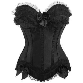 

X free shipping Bow Satin Waist Trainer Corsets And Bustiers Lace up Overbust Sexy Lingerie Sets Plus Size Gothic Corselets