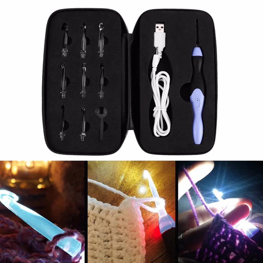 JX-LCLYL New 9 IN 1 USB LED Light Up Purple Crochet Hooks Knitting Needles Set Weave Tool