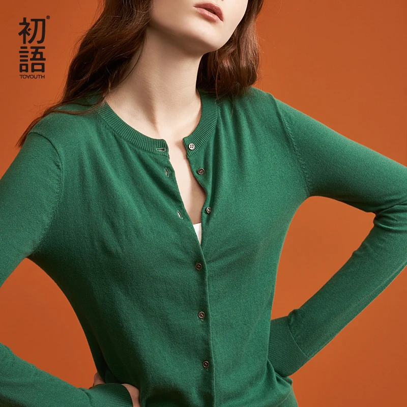Toyouth Solid Color Women Knitted Cardigan Coat Autumn Winter 2018 Casual Round Neck Long Sleeve Crochet Knit Sweater Female Top