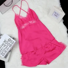 CR Женская одежда для сна с v-образным вырезом из искусственного шелка Summer летний спагетти полосатый кружевной сексуальный пижамный комплект Whosales iT383