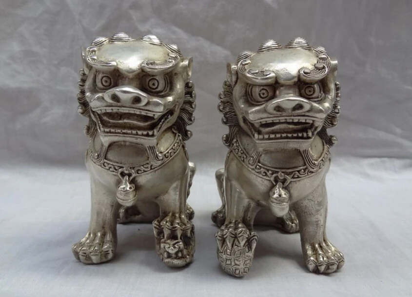

song voge gem S2555 Chinese Silver FengShui Foo Fu Dog Animals Bronze Door Lion Ball Statue Pair